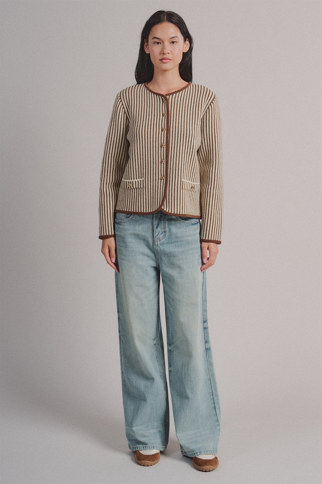 Vertical Stripe Knit Button Jacket with Gold Buttons in Ivory Brown - Women's Fashion | Urban Daizy