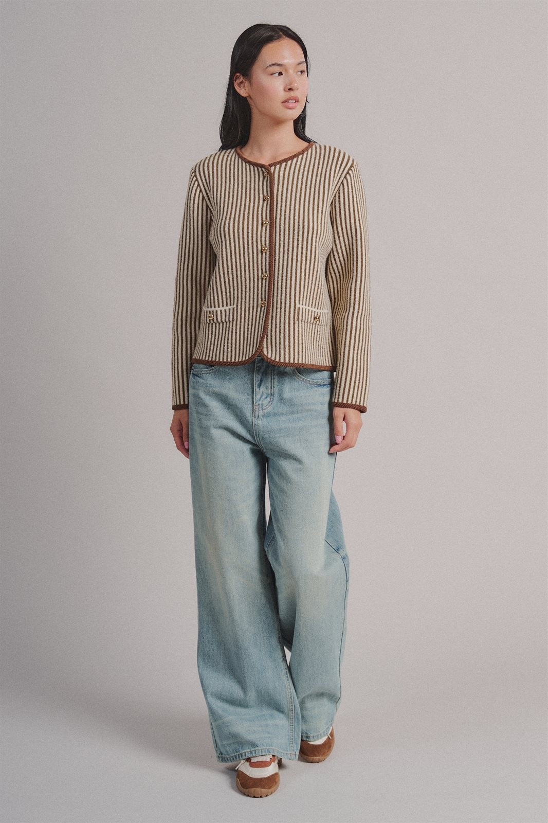 Vertical Stripe Knit Button Jacket with Gold Buttons in Ivory Brown - Women's Fashion | Urban Daizy