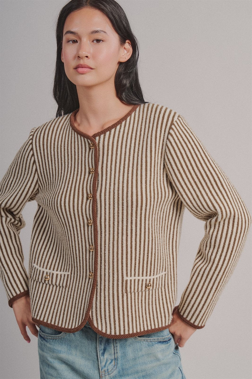 Vertical Stripe Knit Button Jacket with Gold Buttons in Ivory Brown - Women's Fashion | Urban Daizy