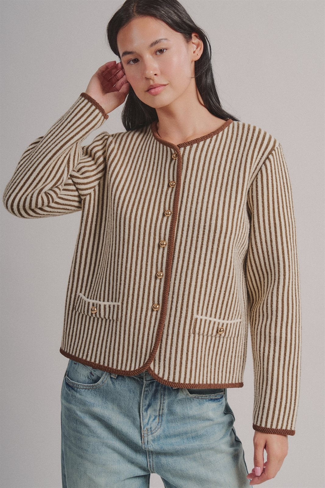 Vertical Stripe Knit Button Jacket with Gold Buttons in Ivory Brown - Women's Fashion | Urban Daizy