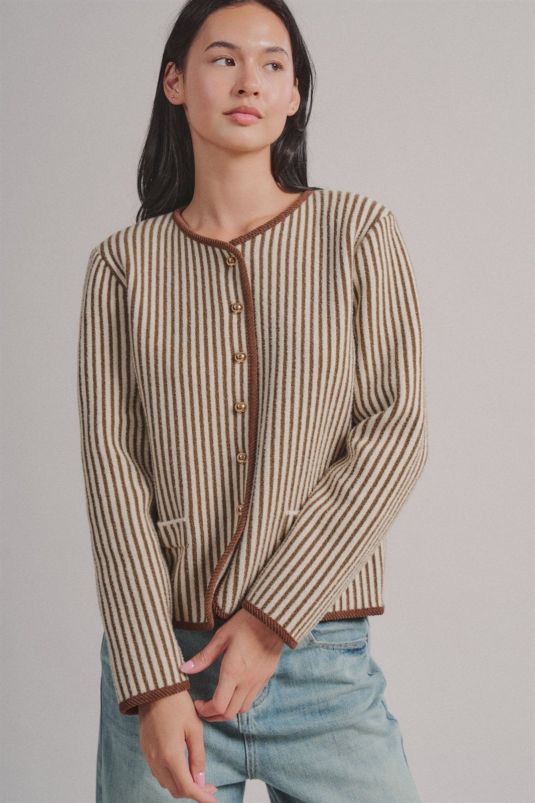 Vertical Stripe Knit Button Jacket with Gold Buttons in Ivory Brown - Women's Fashion | Urban Daizy