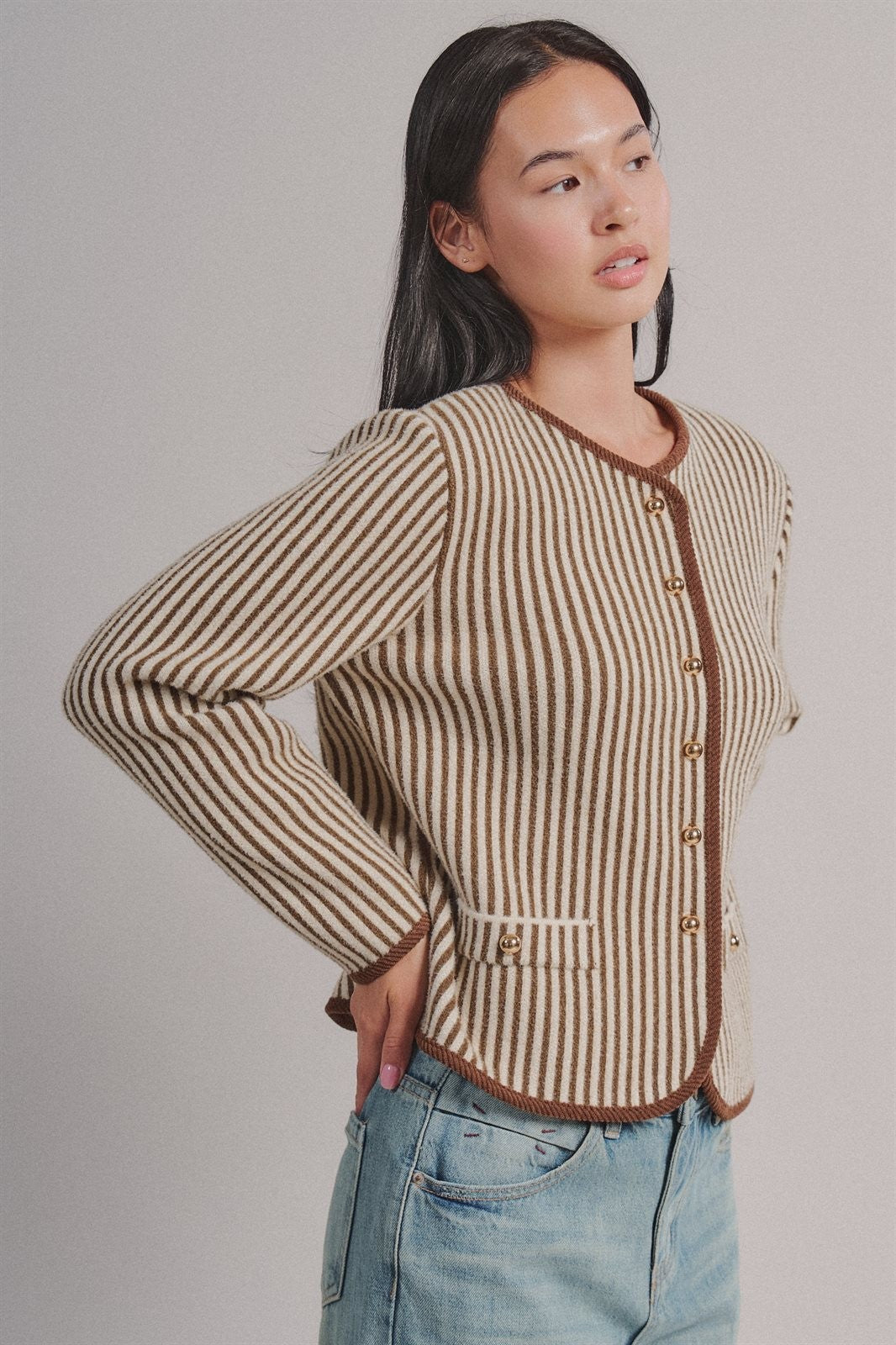 Vertical Stripe Knit Button Jacket with Gold Buttons in Ivory Brown - Women's Fashion | Urban Daizy