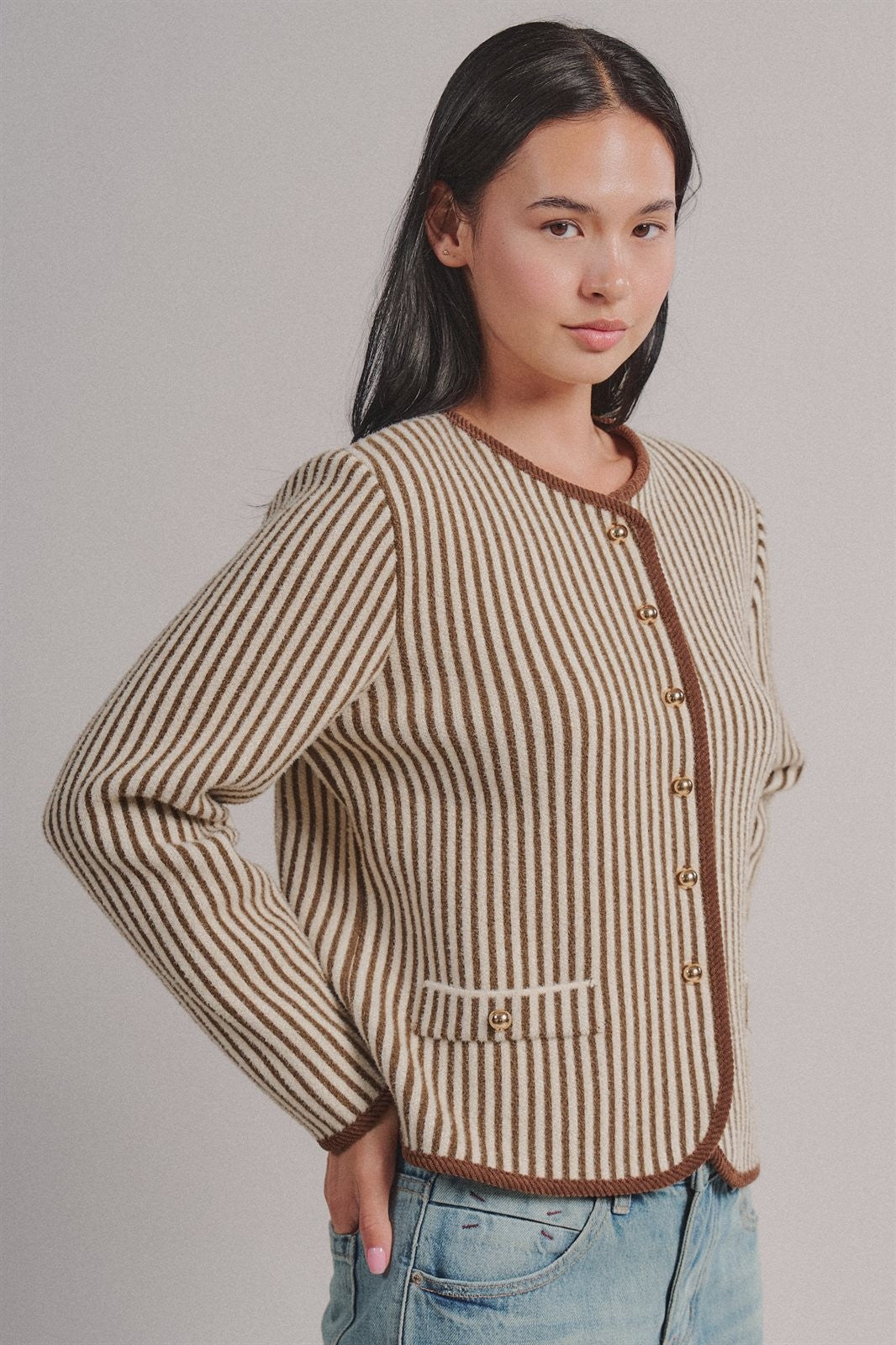 Vertical Stripe Knit Button Jacket with Gold Buttons in Ivory Brown - Women's Fashion | Urban Daizy