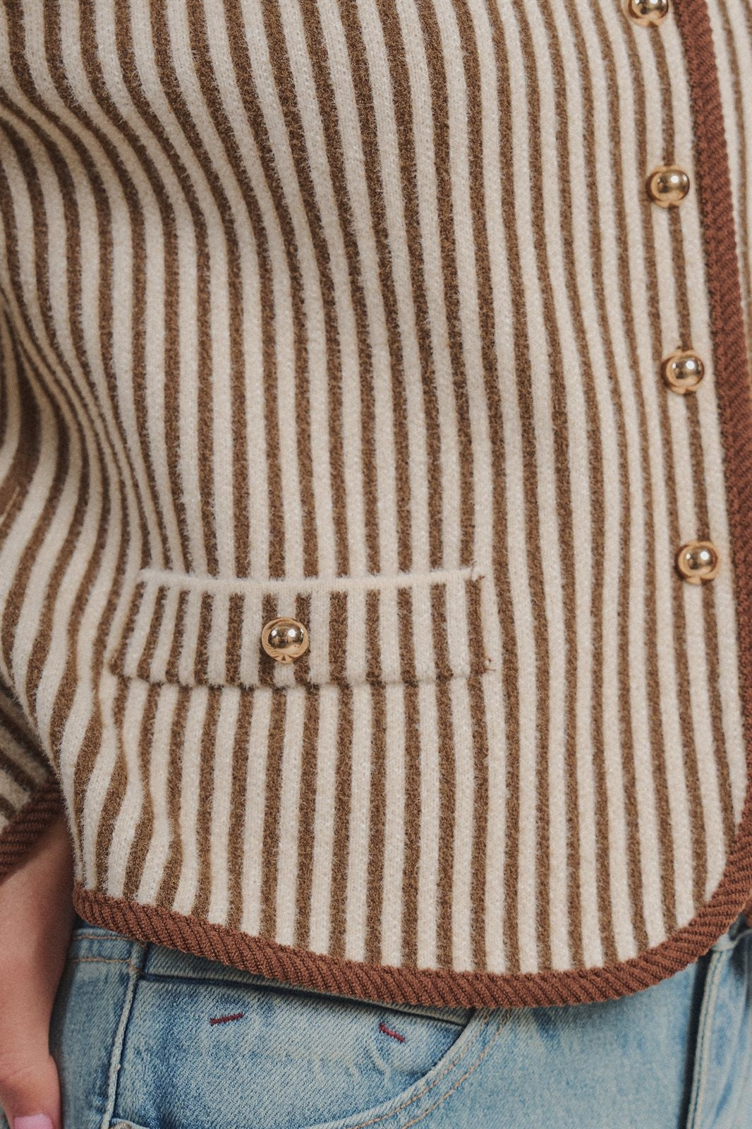 Vertical Stripe Knit Button Jacket with Gold Buttons in Ivory Brown - Women's Fashion | Urban Daizy