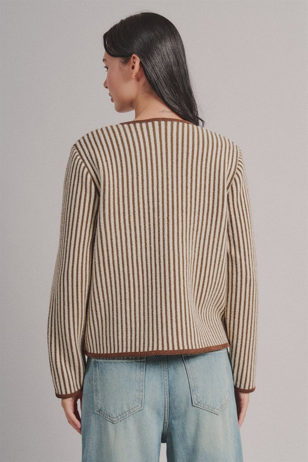 Vertical Stripe Knit Button Jacket with Gold Buttons in Ivory Brown - Women's Fashion | Urban Daizy