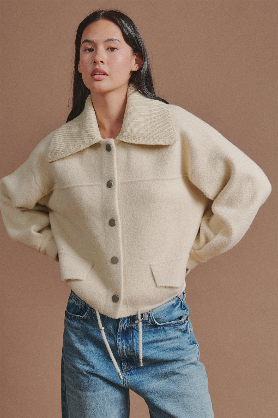 Sweater Knit Jacket with Detachable Collar in Ivory - Women's Fashion | Urban Daizy