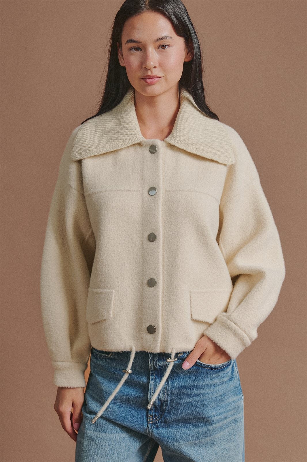 Sweater Knit Jacket with Detachable Collar in Ivory - Women's Fashion | Urban Daizy