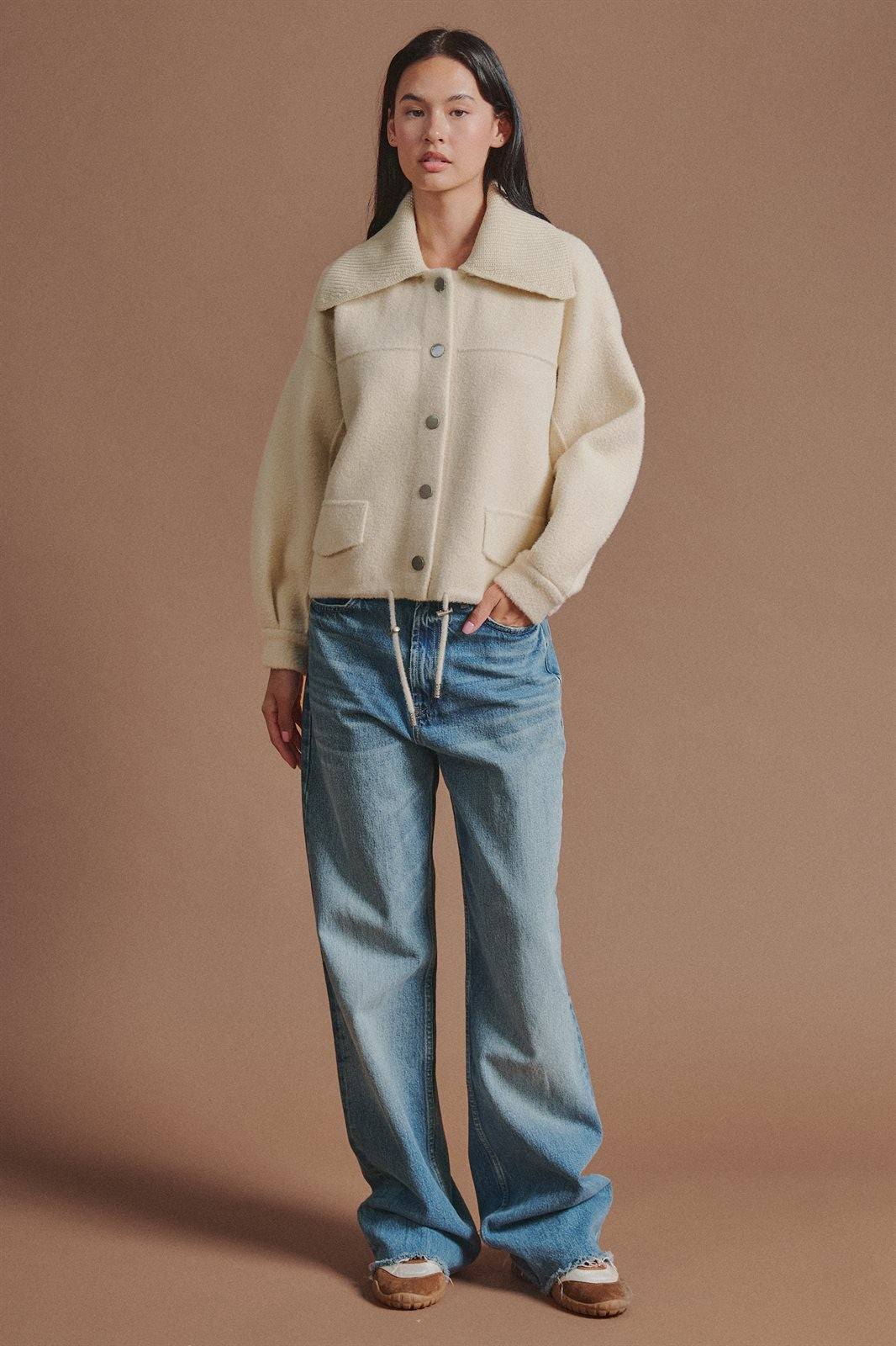Sweater Knit Jacket with Detachable Collar in Ivory - Women's Fashion | Urban Daizy