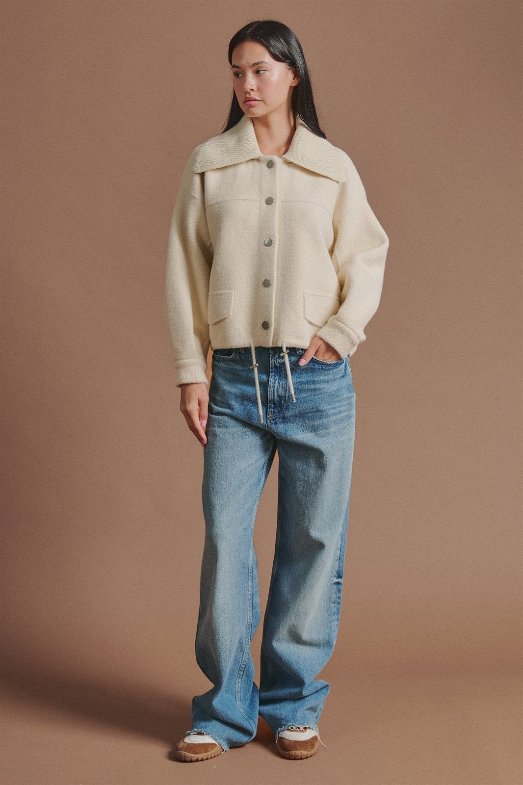 Sweater Knit Jacket with Detachable Collar in Ivory - Women's Fashion | Urban Daizy