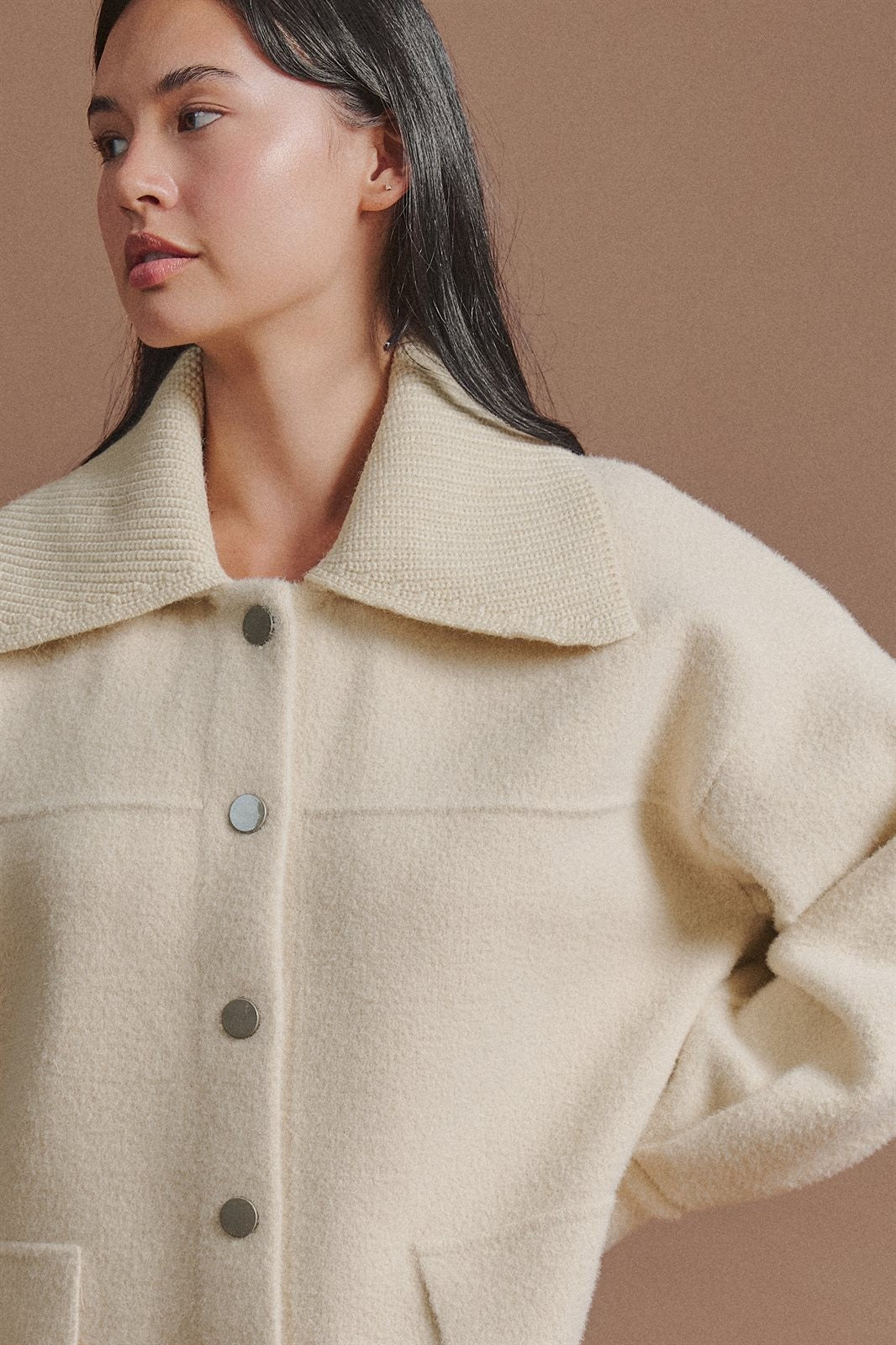 Sweater Knit Jacket with Detachable Collar in Ivory - Women's Fashion | Urban Daizy