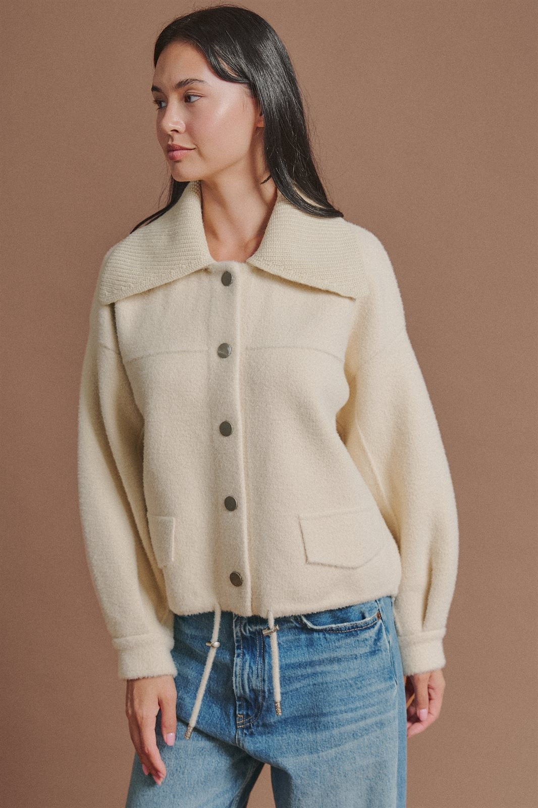 Sweater Knit Jacket with Detachable Collar in Ivory - Women's Fashion | Urban Daizy