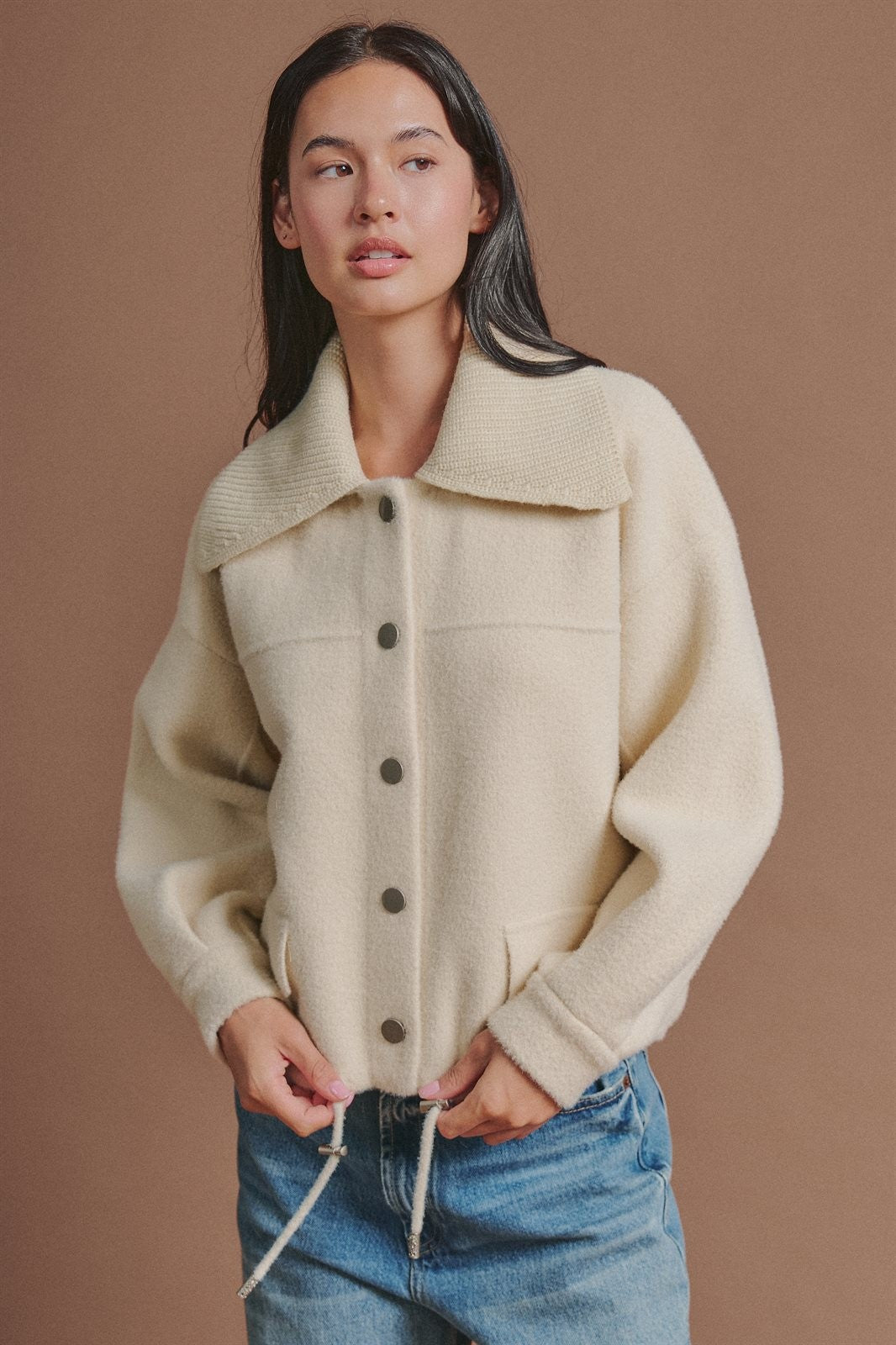 Sweater Knit Jacket with Detachable Collar in Ivory - Women's Fashion | Urban Daizy