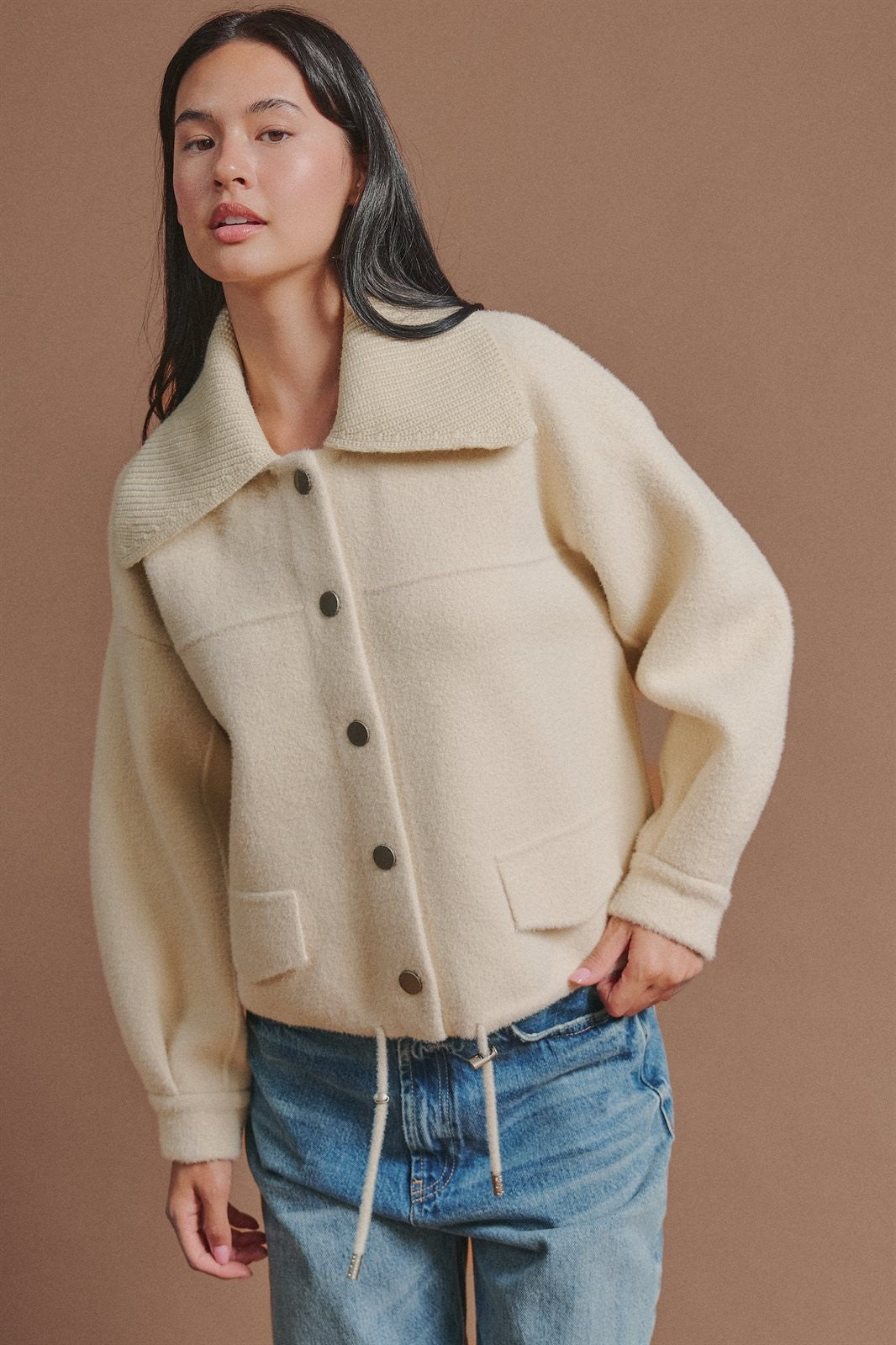 Sweater Knit Jacket with Detachable Collar in Ivory - Women's Fashion | Urban Daizy