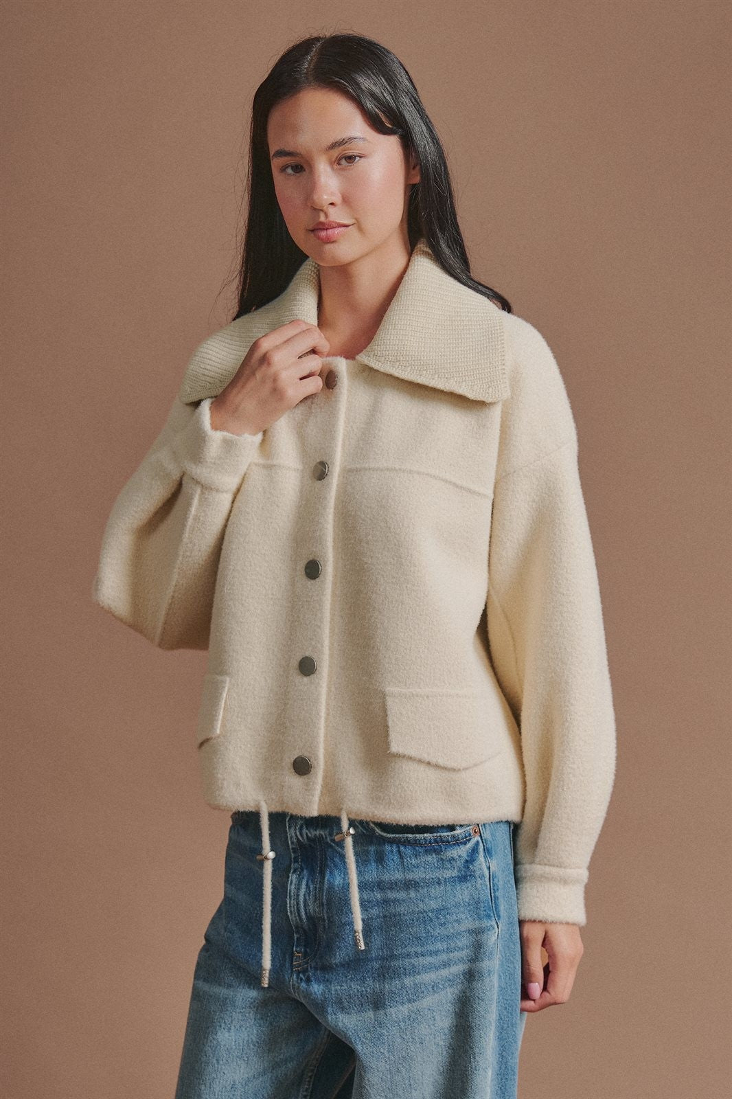 Sweater Knit Jacket with Detachable Collar in Ivory - Women's Fashion | Urban Daizy