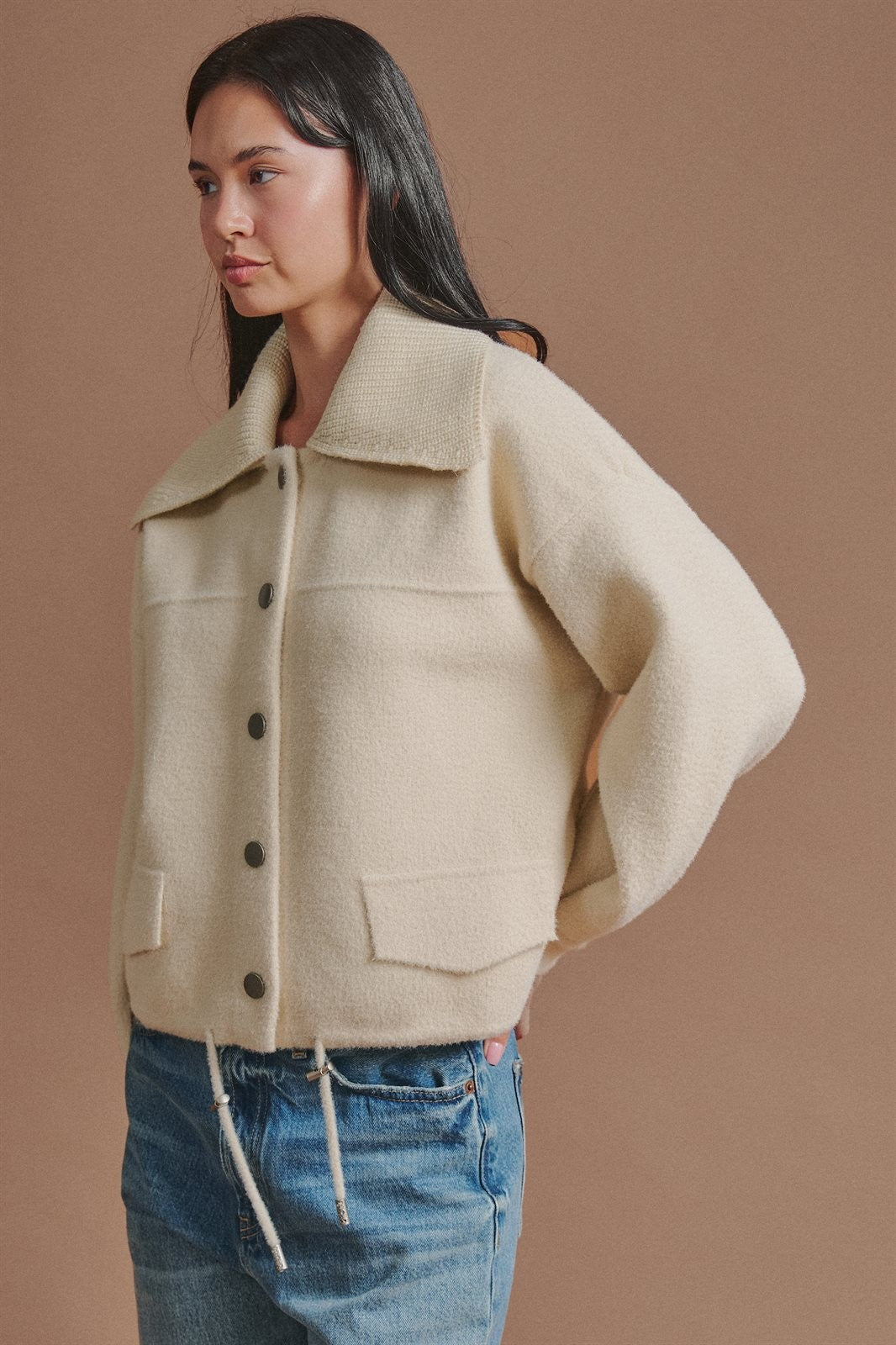 Sweater Knit Jacket with Detachable Collar in Ivory - Women's Fashion | Urban Daizy