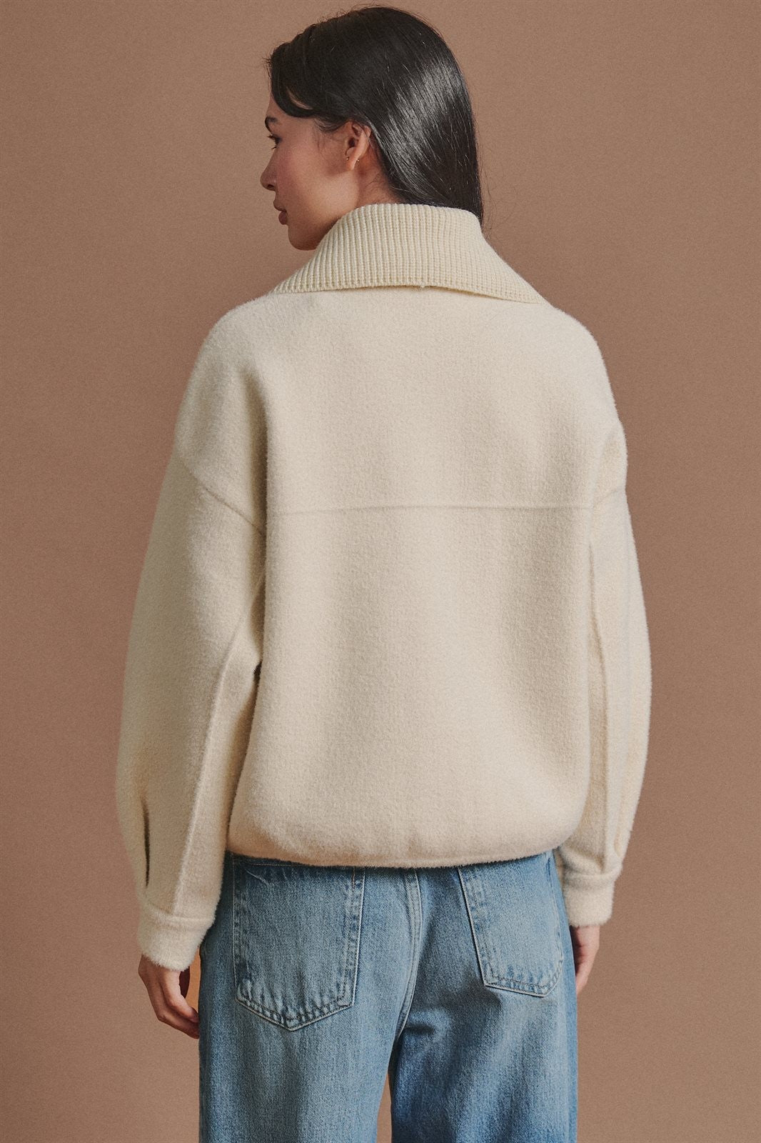 Sweater Knit Jacket with Detachable Collar in Ivory - Women's Fashion | Urban Daizy