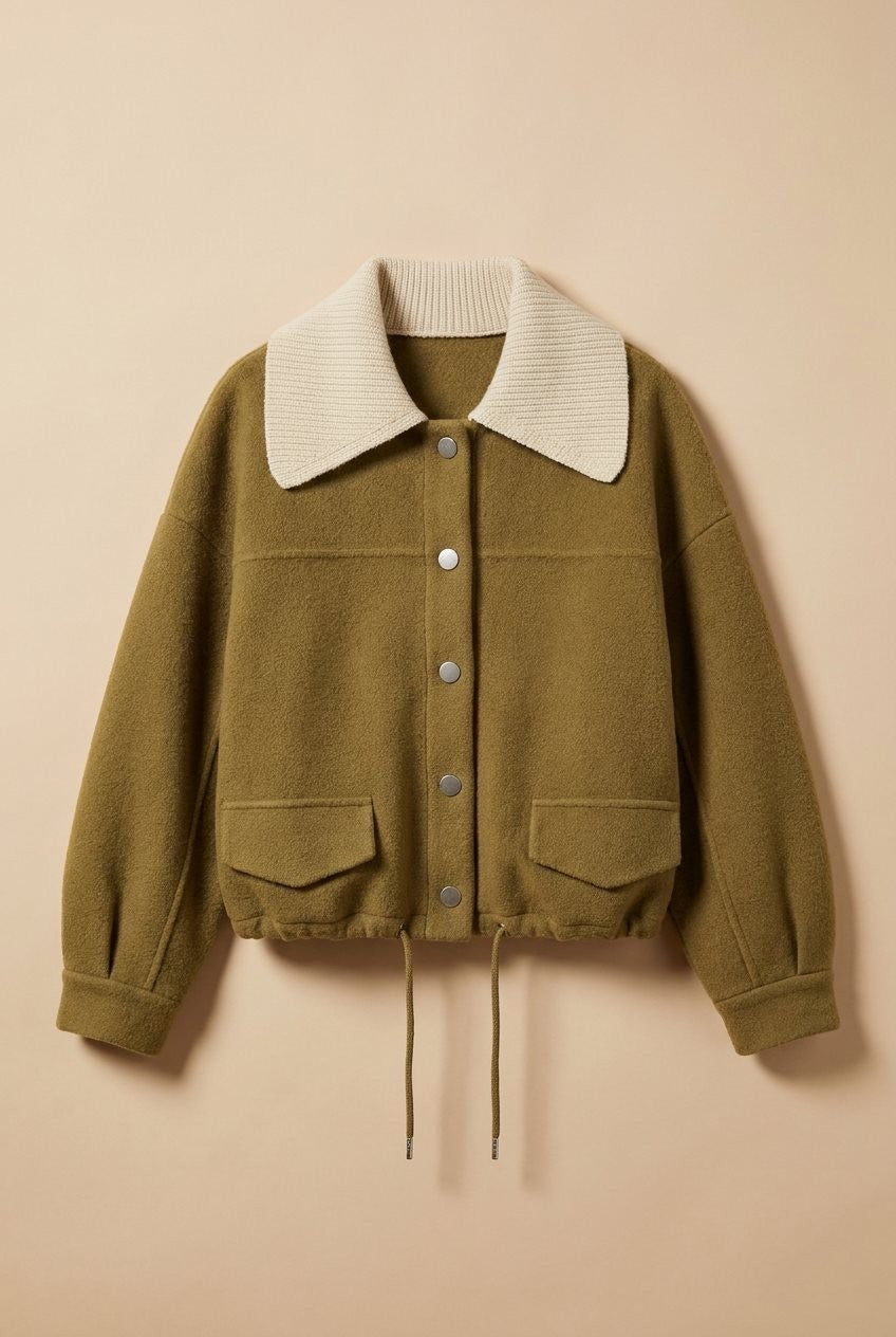 Sweater Knit Jacket with Detachable Collar in Olive - Women's Fashion | Urban Daizy