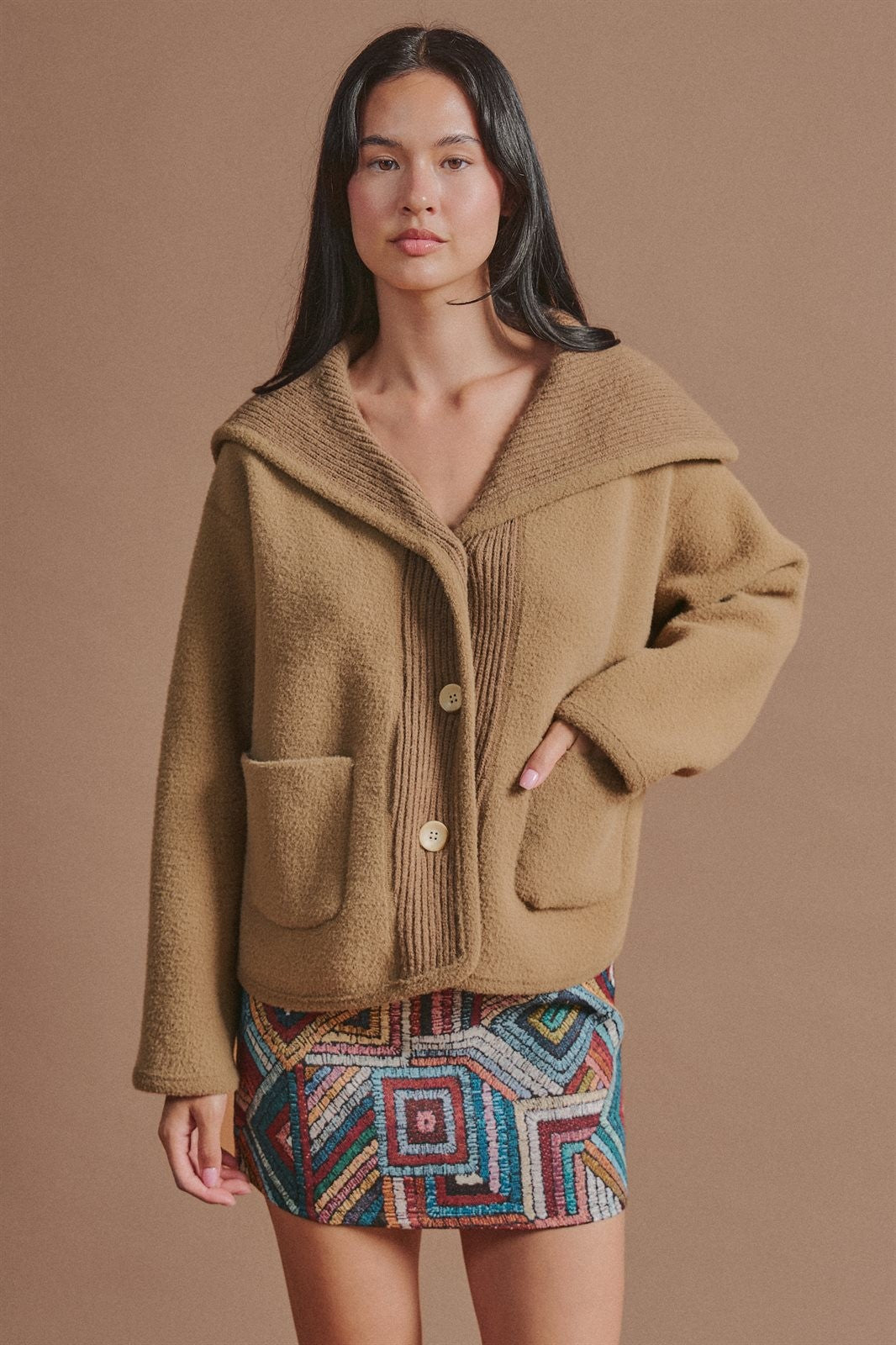 Reversible Wool Blend Shawl Collar Coat in Camel - Women's Jackets & Blazers | Urban Daizy
