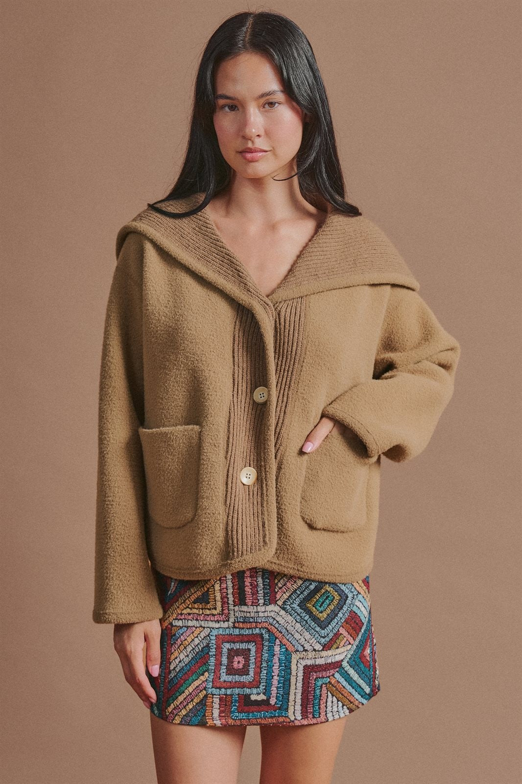 Reversible Wool Blend Shawl Collar Coat in Camel - Women's Jackets & Blazers | Urban Daizy