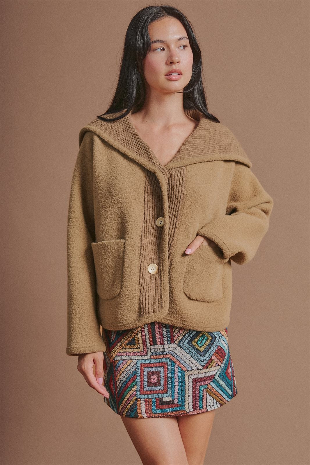Reversible Wool Blend Shawl Collar Coat in Camel - Women's Jackets & Blazers | Urban Daizy