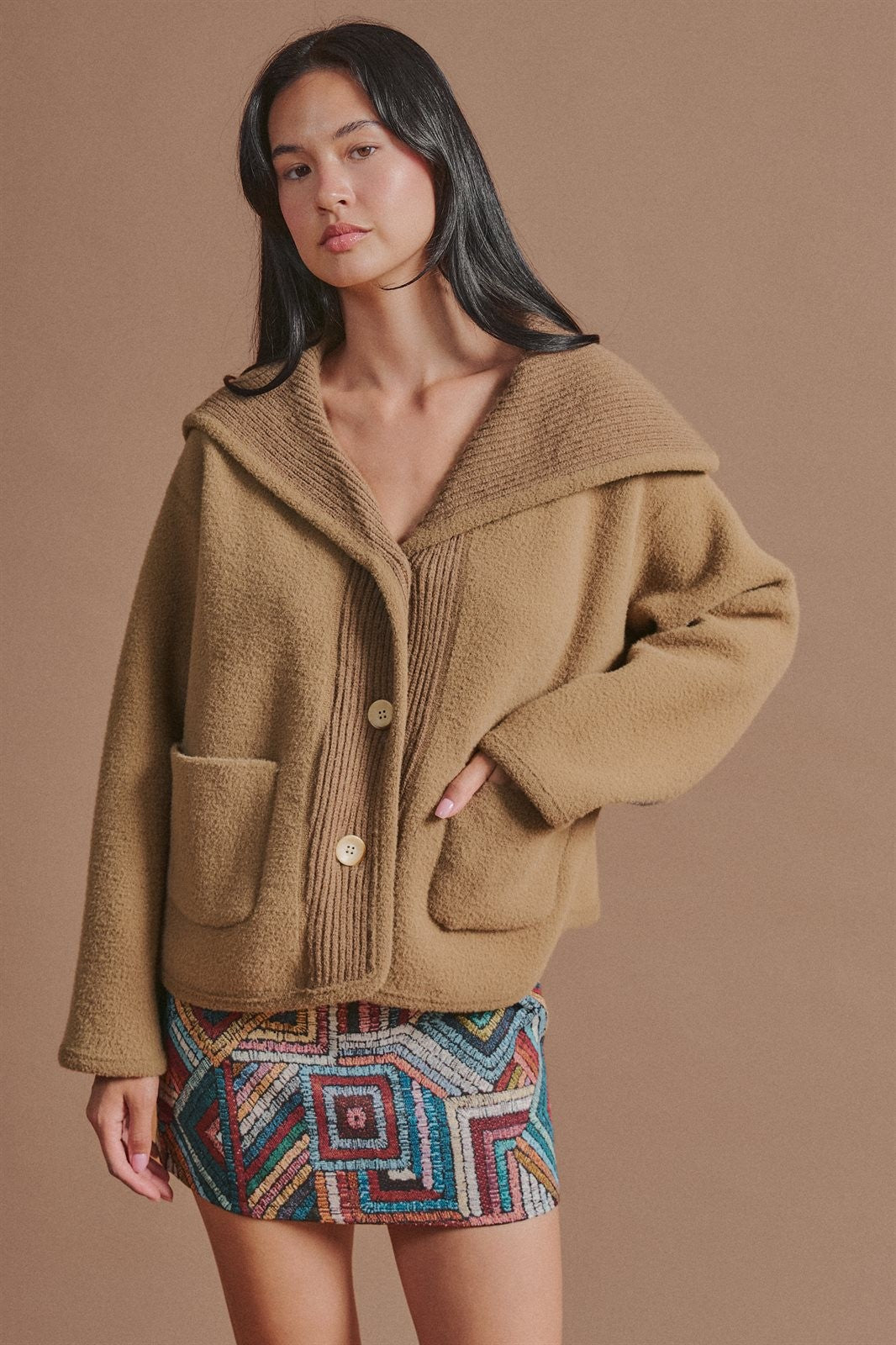 Reversible Wool Blend Shawl Collar Coat in Camel - Women's Jackets & Blazers | Urban Daizy