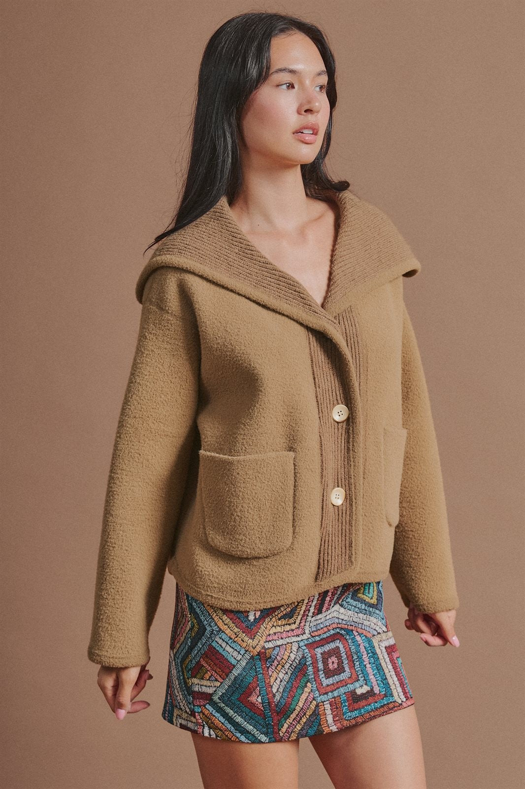 Reversible Wool Blend Shawl Collar Coat in Camel - Women's Jackets & Blazers | Urban Daizy