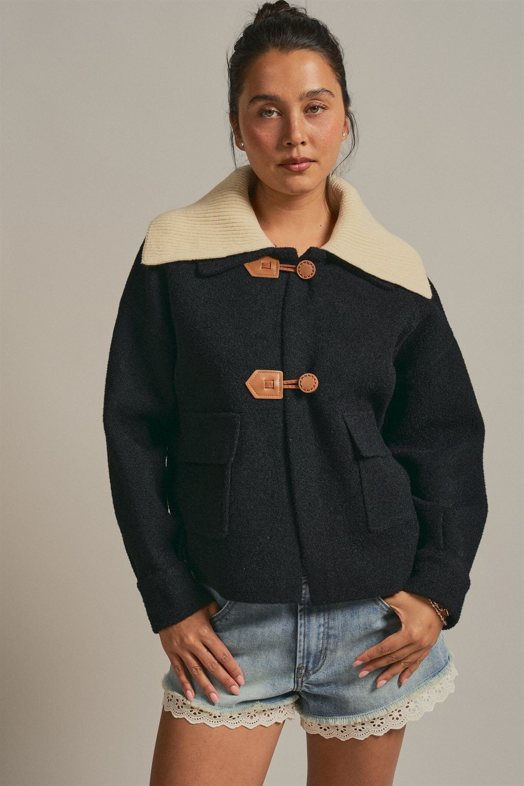 Toggle Front Knit Jacket With Contrast Collar in Black - Women's Fashion | Urban Daizy