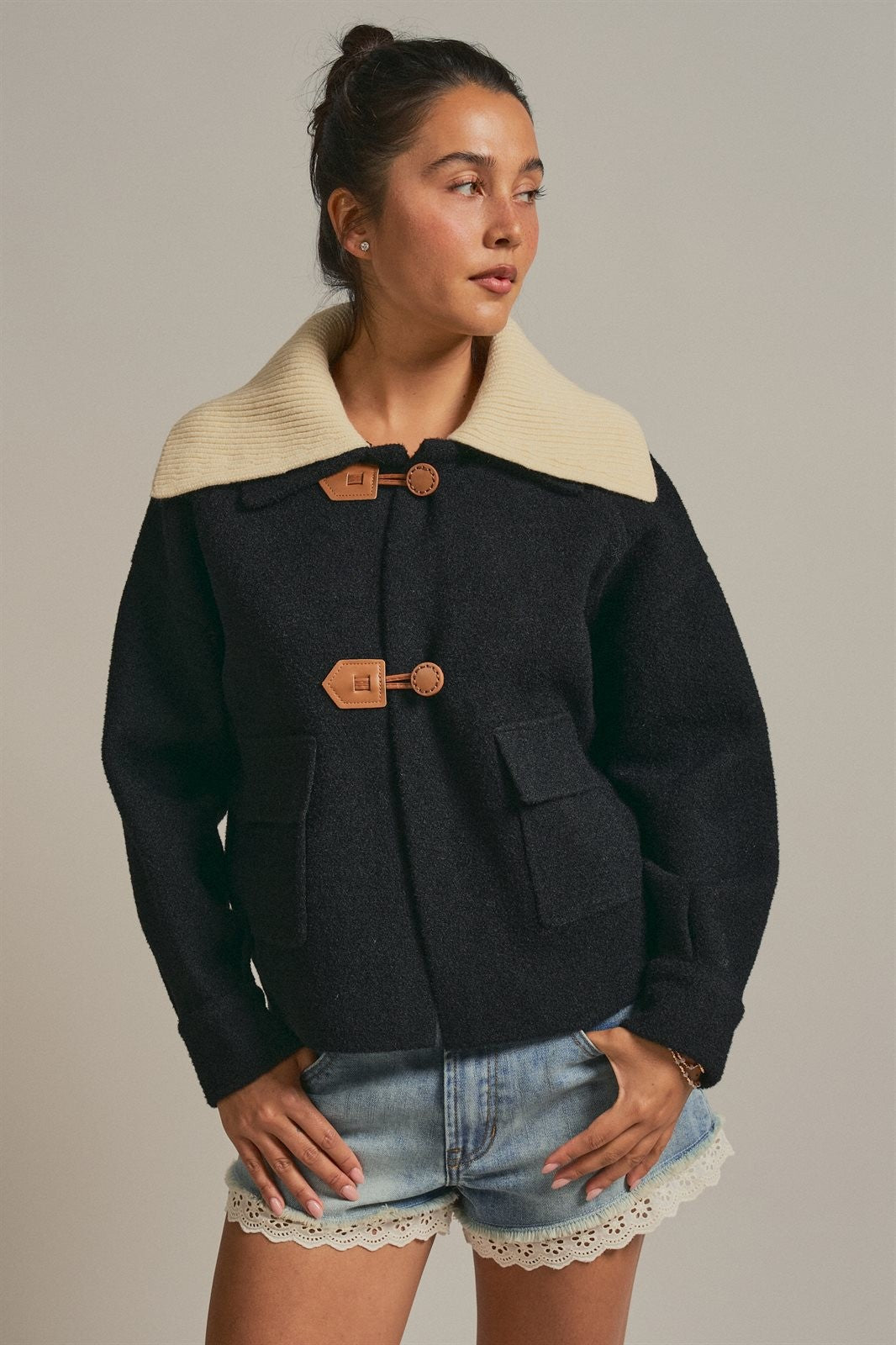 Toggle Front Knit Jacket With Contrast Collar in Black - Women's Fashion | Urban Daizy