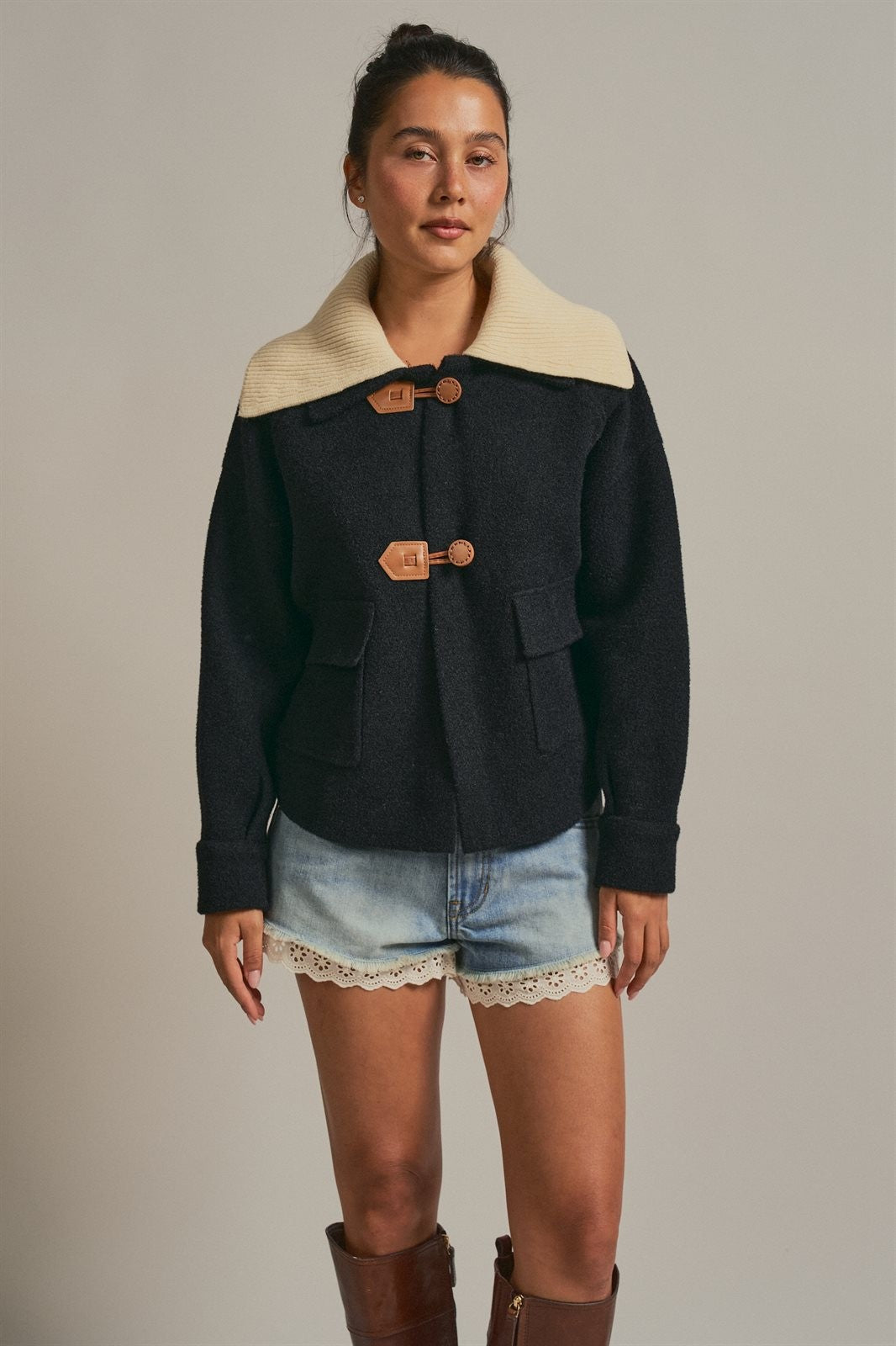 Toggle Front Knit Jacket With Contrast Collar in Black - Women's Fashion | Urban Daizy