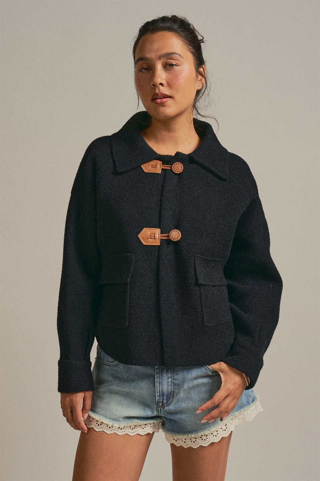 Toggle Front Knit Jacket With Contrast Collar in Black - Women's Fashion | Urban Daizy