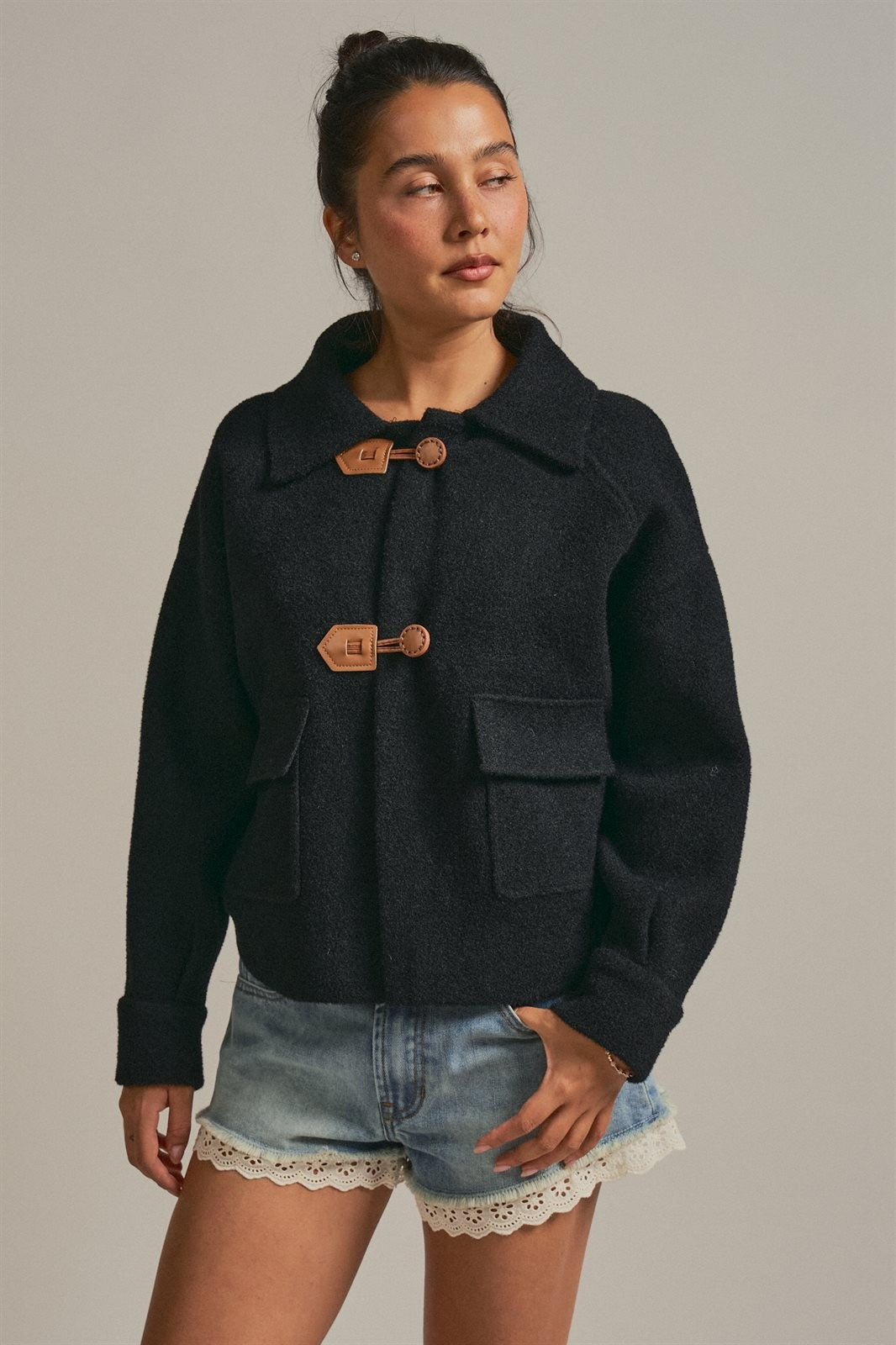 Toggle Front Knit Jacket With Contrast Collar in Black - Women's Fashion | Urban Daizy