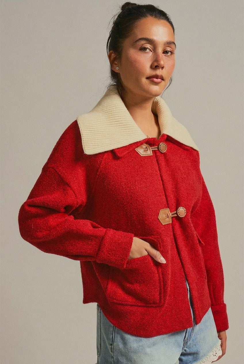 Toggle Front Knit Jacket With Contrast Collar in Red - Women's Fashion | Urban Daizy