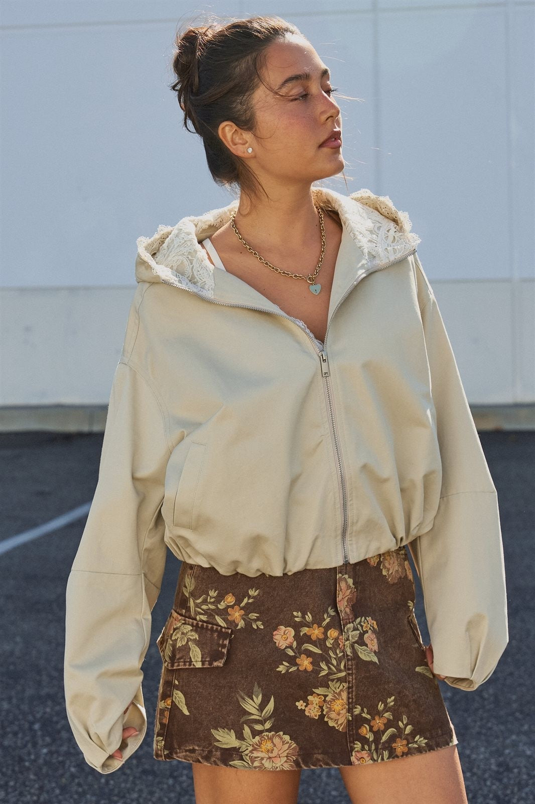 Lace-Lined Hooded Cotton Zip Jacket in Khaki - Women's Fashion | Urban Daizy