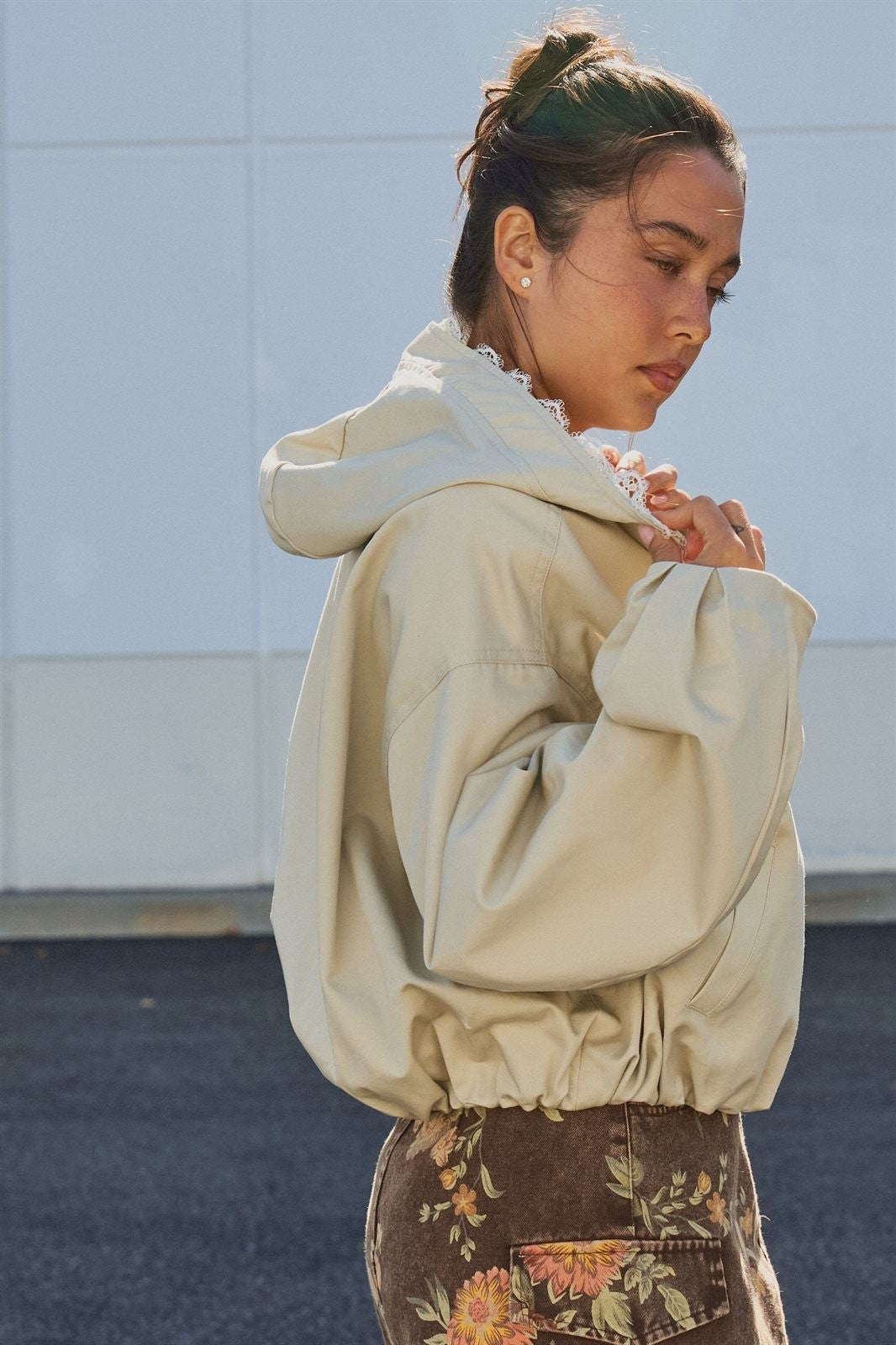 Lace-Lined Hooded Cotton Zip Jacket in Khaki - Women's Fashion | Urban Daizy