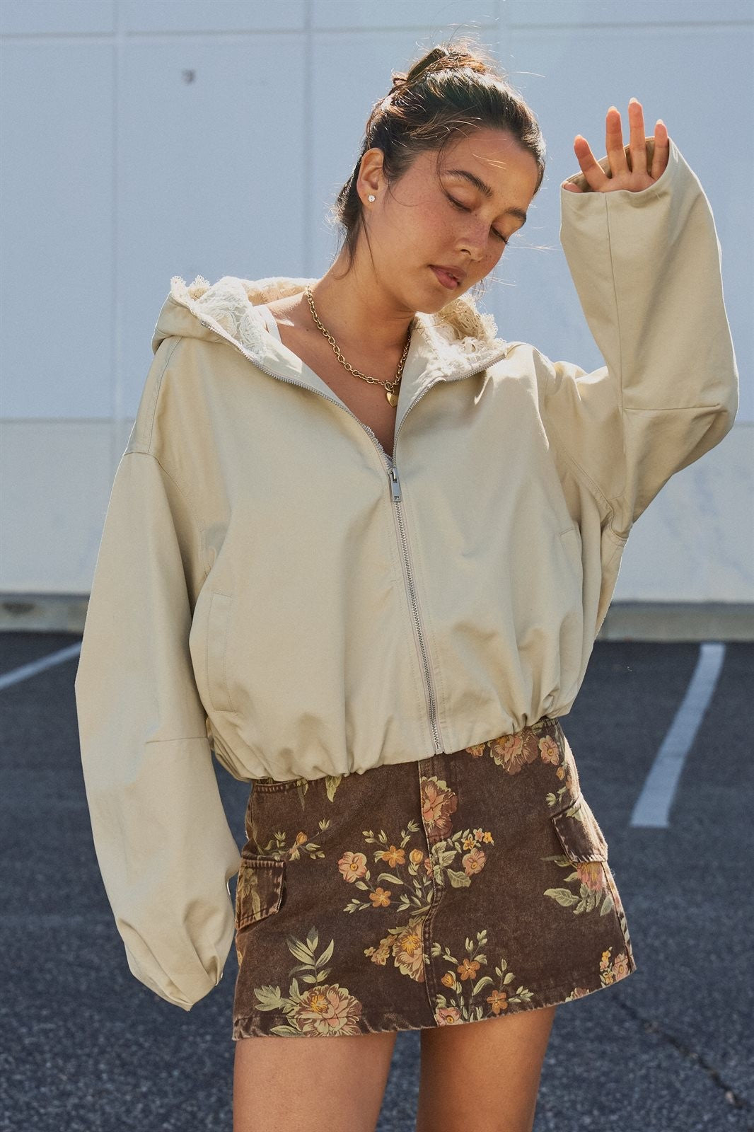 Lace-Lined Hooded Cotton Zip Jacket in Khaki - Women's Fashion | Urban Daizy
