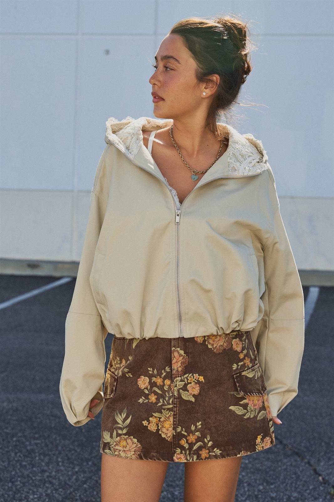 Lace-Lined Hooded Cotton Zip Jacket in Khaki - Women's Fashion | Urban Daizy
