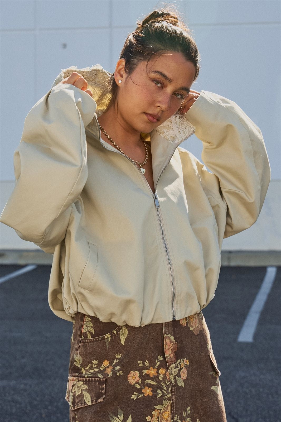 Lace-Lined Hooded Cotton Zip Jacket in Khaki - Women's Fashion | Urban Daizy