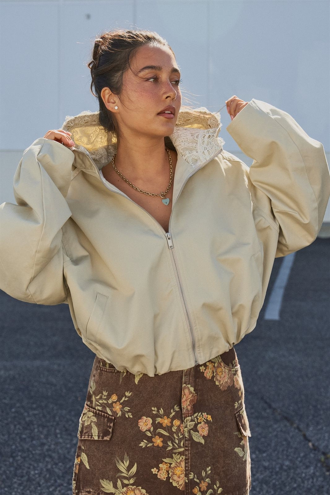 Lace-Lined Hooded Cotton Zip Jacket in Khaki - Women's Fashion | Urban Daizy