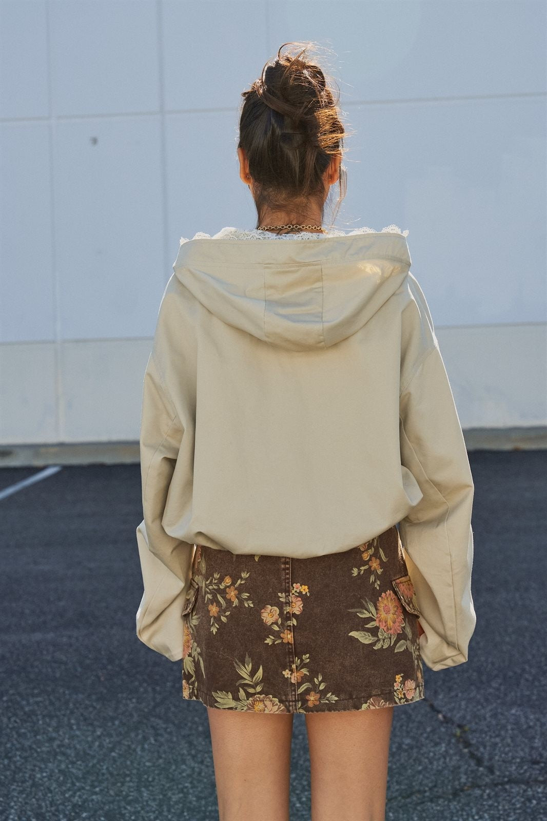 Lace-Lined Hooded Cotton Zip Jacket in Khaki - Women's Fashion | Urban Daizy