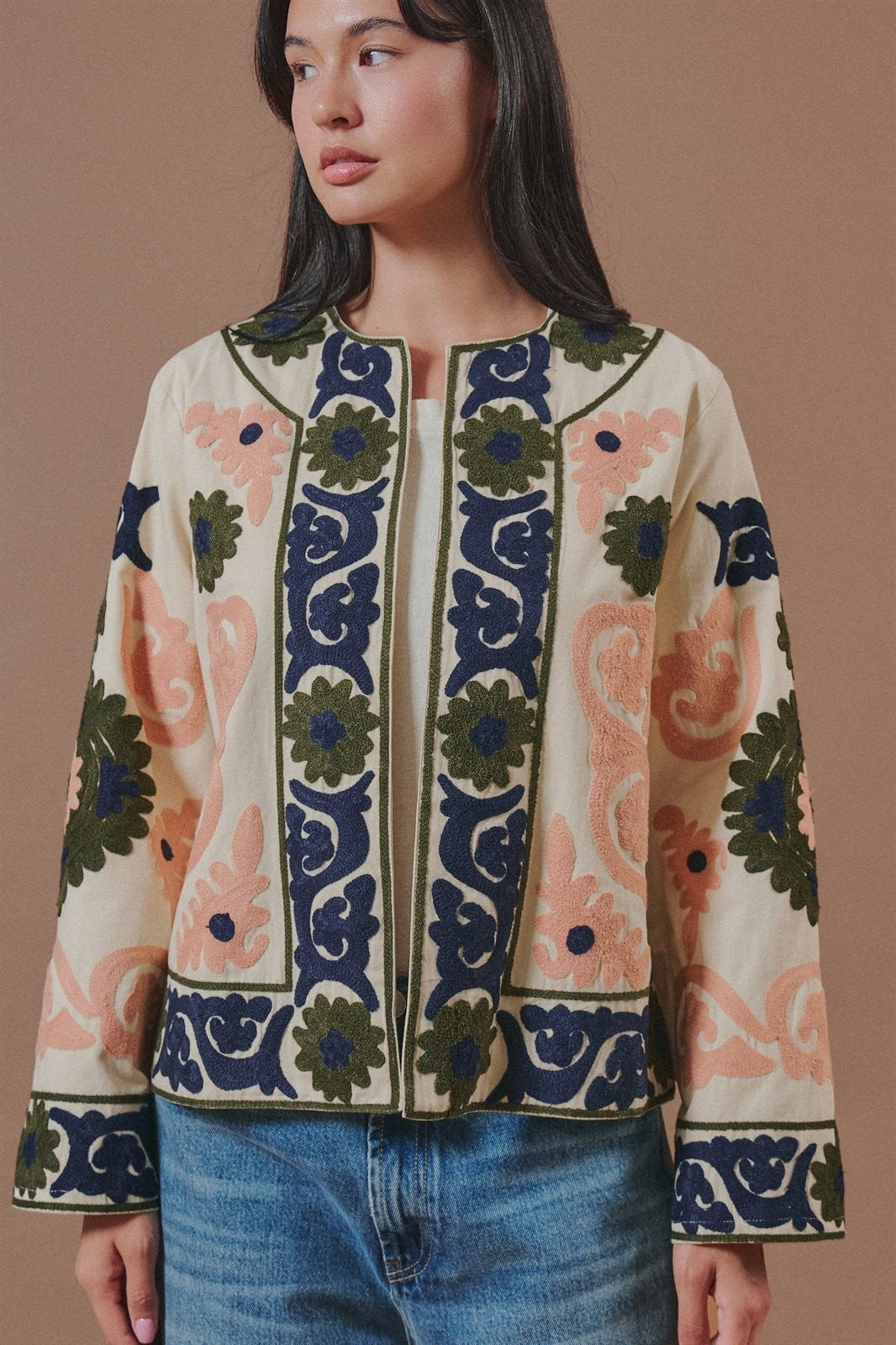 Suzani Embroidered Cotton Floral Jacket in Cream - Women's Fashion | Urban Daizy