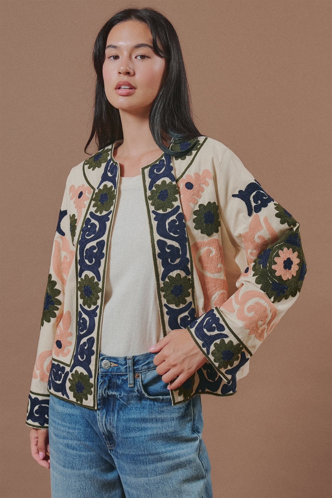Suzani Embroidered Cotton Floral Jacket in Cream - Women's Fashion | Urban Daizy