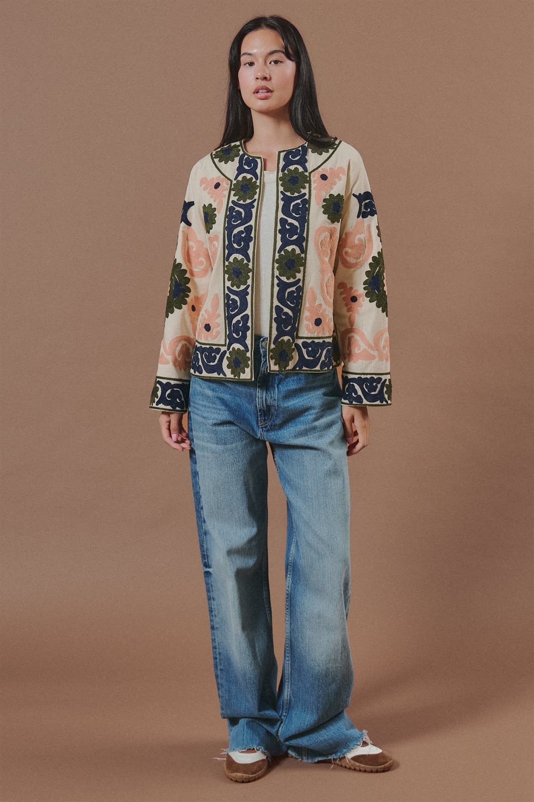 Suzani Embroidered Cotton Floral Jacket in Cream - Women's Fashion | Urban Daizy