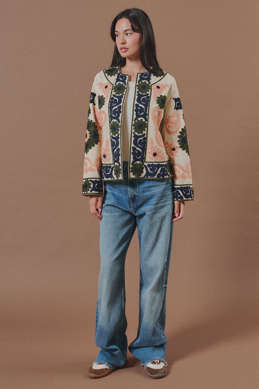 Suzani Embroidered Cotton Floral Jacket in Cream - Women's Fashion | Urban Daizy