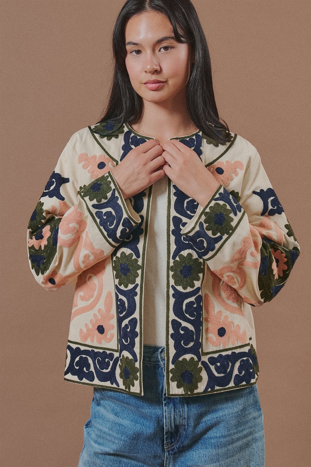 Suzani Embroidered Cotton Floral Jacket in Cream - Women's Fashion | Urban Daizy