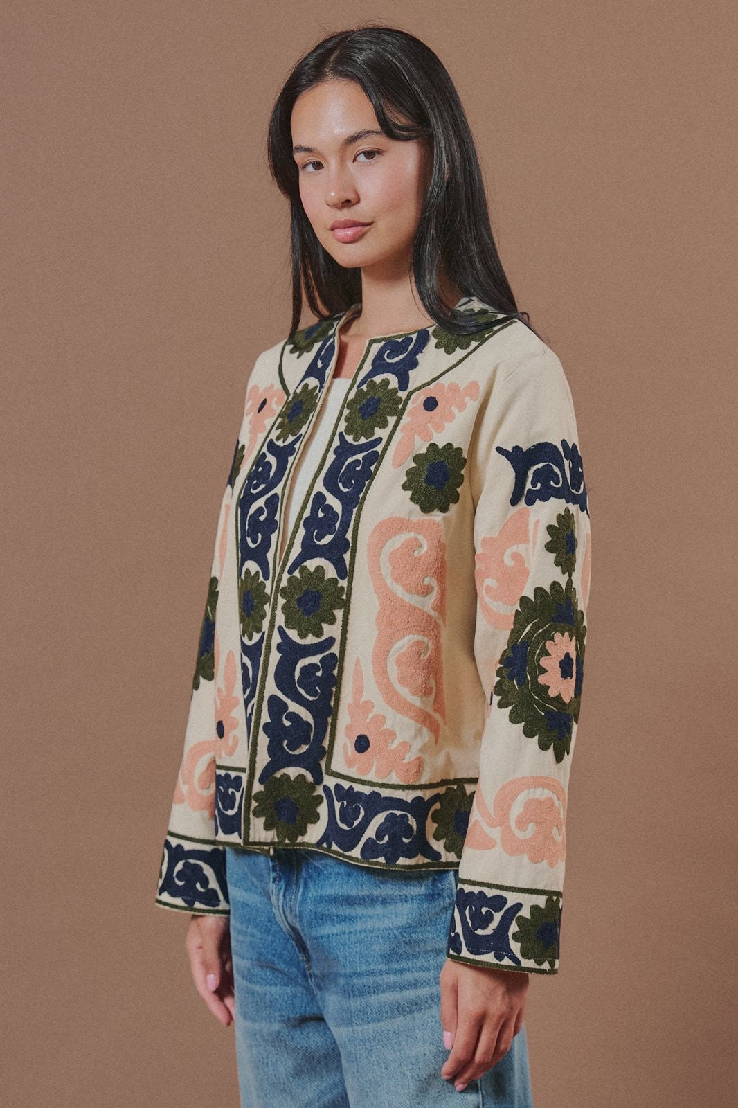 Suzani Embroidered Cotton Floral Jacket in Cream - Women's Fashion | Urban Daizy