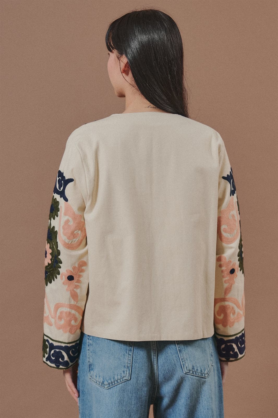 Suzani Embroidered Cotton Floral Jacket in Cream - Women's Fashion | Urban Daizy
