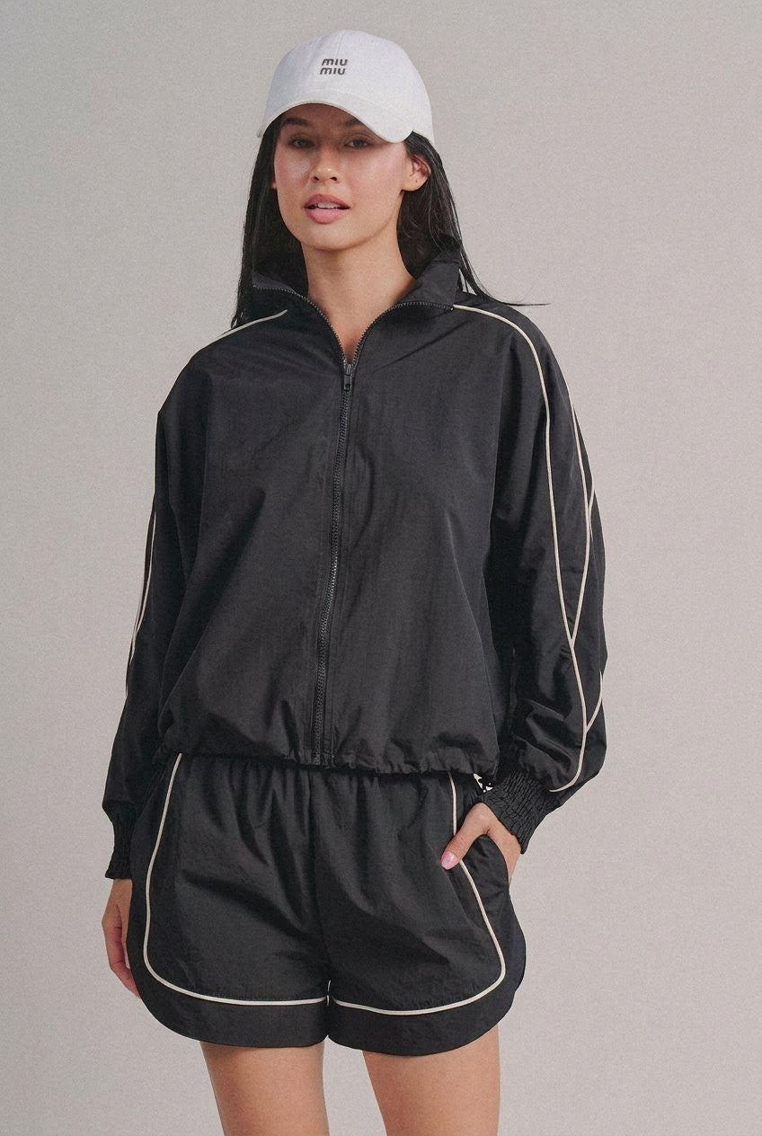Contrast Piping Nylon Zip-Up Windbreaker in Black - Women's Fashion | Urban Daizy