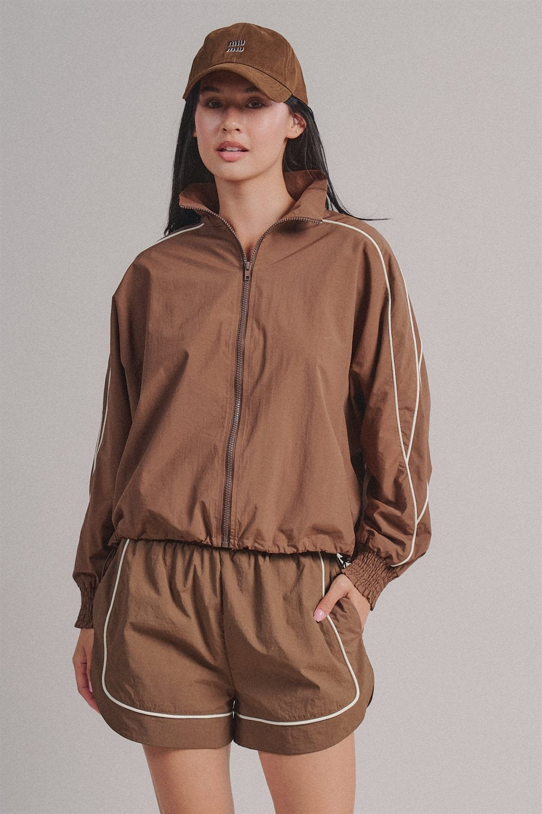 Contrast Piping Nylon Zip-Up Windbreaker in Brown - Women's Fashion | Urban Daizy