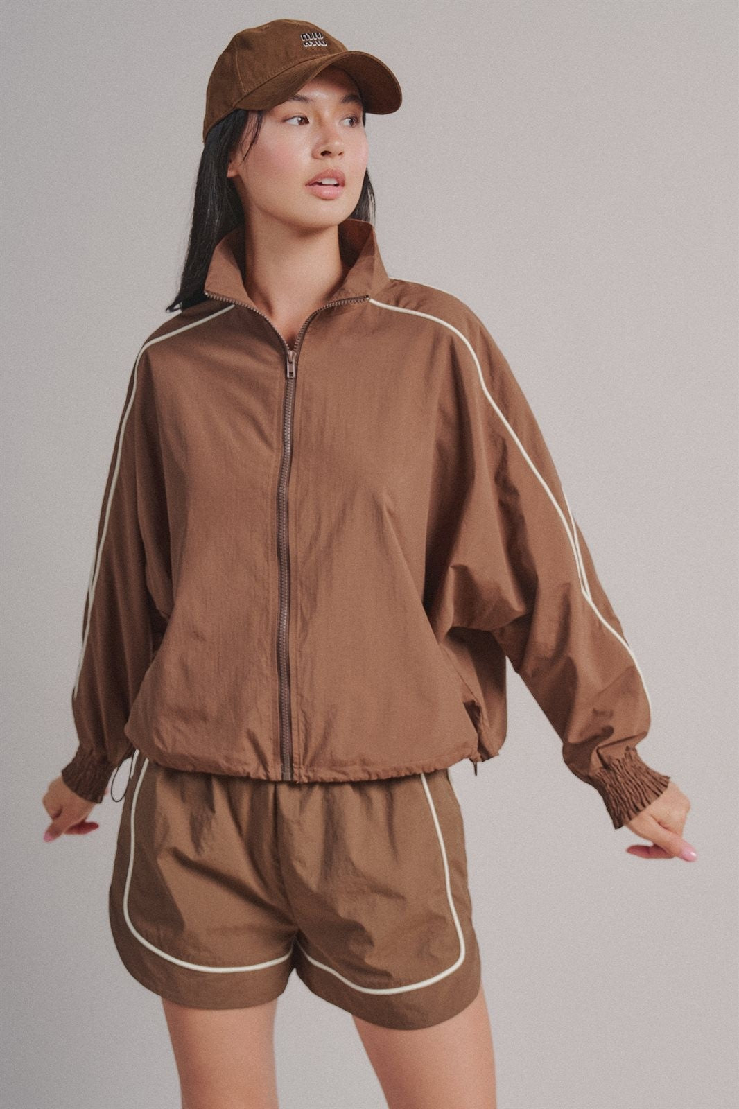 Contrast Piping Nylon Zip-Up Windbreaker in Brown - Women's Fashion | Urban Daizy