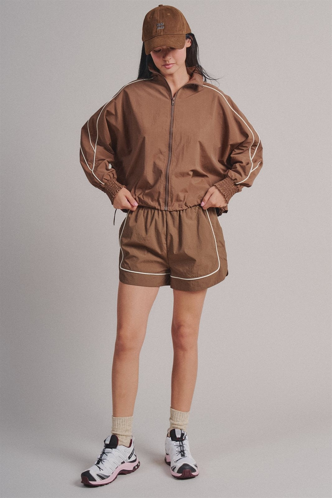 Contrast Piping Nylon Zip-Up Windbreaker in Brown - Women's Fashion | Urban Daizy